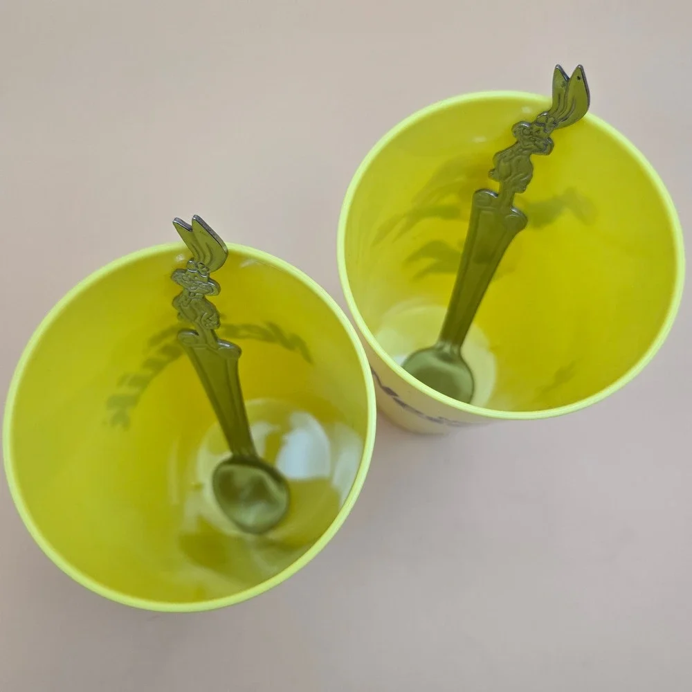 Vintage Nestle Nesquik Yellow Plastic Cups & Bunny Mixing Spoons Set of 2